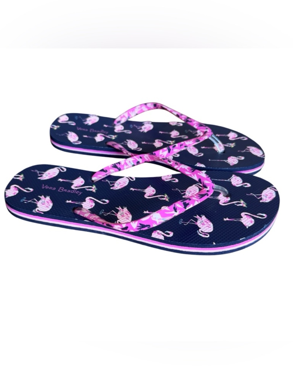 Vera Bradley Flamingo Navy Blue & Pink Flip Flop Sandals Size 9-10 Large Excelle